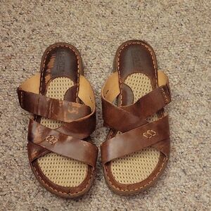 Born Brown Leather Cross-Strap Women's Sandals